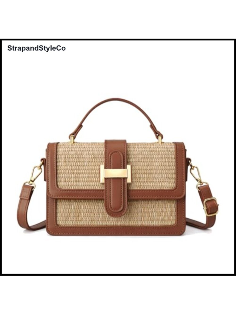 Straw Woven PU Leather Trim Crossbody Top Handle Beach Purse